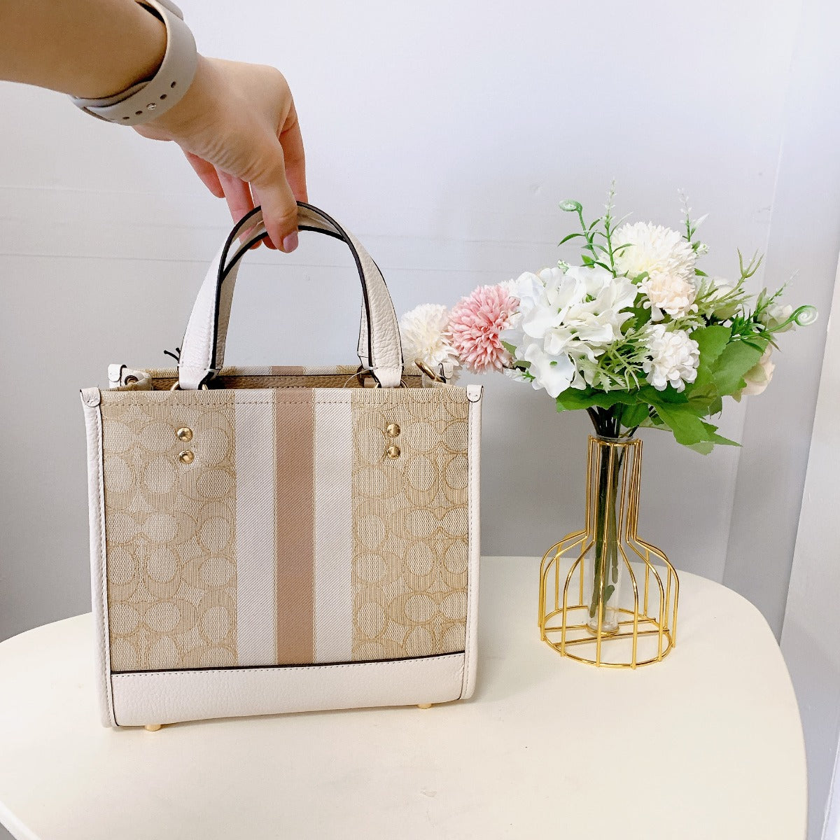 Coach C8448 Dempsey Carryall In Signature Jacquard With Stripe And Coach Patch In Gold/Light Khaki Chalk Coach C8448 Dempsey Carryall In Signature Jacquard With Stripe And Coach Patch In Gold/Light Khaki Chalk
